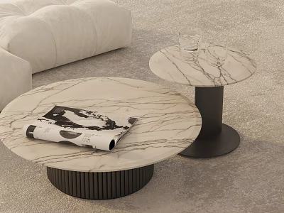 Elegant Modern Round Marble Coffee Tables With Black Ribbed Bases And Magazine Glass On Top 3d model