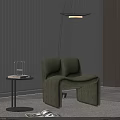Green Accent Chair On Round Rug With Side Table Floor Lamp White Striped Wooden Walls