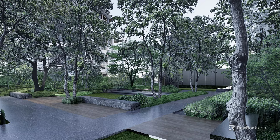 Modern Garden Feature Wall Landscape With Trees Grass Stone Pathway And Wooden Deck 3d model 