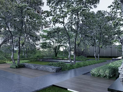 Modern Garden Feature Wall Landscape With Trees Grass Stone Pathway And Wooden Deck 3d model
