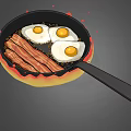 Cartoon Smiley Frying Pan With Bacon And Fried Eggs In Hot Oil