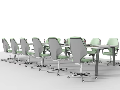 Modern Office Conference Table With Green And Gray Swivel Chairs And Water Bottles 3d model