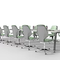 Modern Office Conference Table With Green And Gray Swivel Chairs And Water Bottles