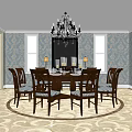 Elegant Dining Table Set With Dark Wooden Table Upholstered Chairs Chandelier And Patterned Wallpaper 3d model