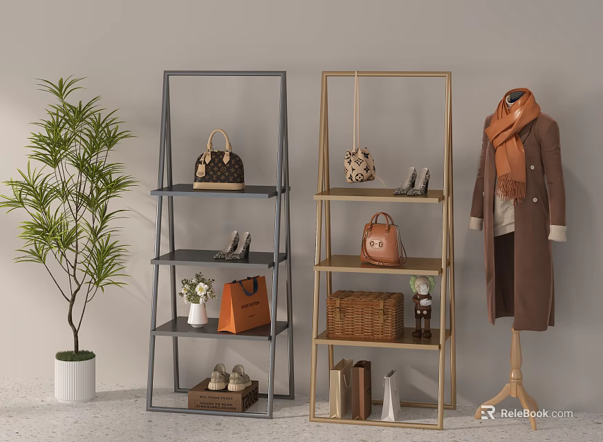 Modern Multi tiered Metal Shelving Units with Handbags Shoes Books Basket Vase and Potted Plant 3d model 