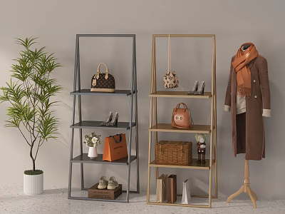 Modern Multi tiered Metal Shelving Units with Handbags Shoes Books Basket Vase and Potted Plant 3d model