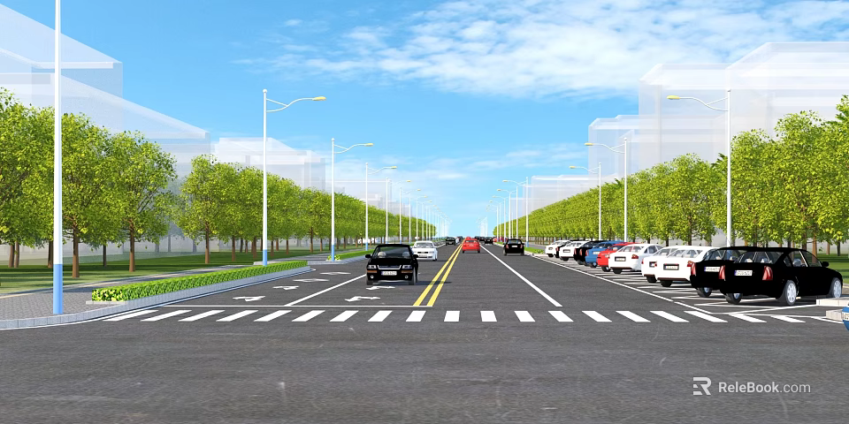 Wide Municipal Road With Well Lit Street Lamps Green Trees Parked Cars And Lane Markings 3d model 