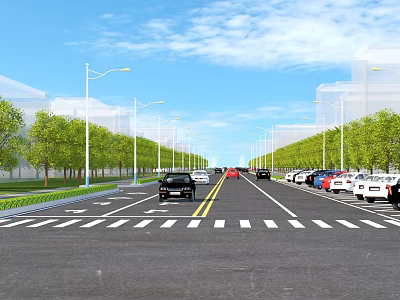 Wide Municipal Road With Well Lit Street Lamps Green Trees Parked Cars And Lane Markings 3d model