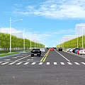 Wide Municipal Road With Well Lit Street Lamps Green Trees Parked Cars And Lane Markings