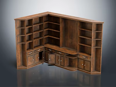 Classic Wooden Corner Bookcase With Multiple Shelves Drawers And Storage Cabinets 3d model