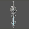 Mythical Glowing Blue Sword With Skull Horns And Gemstone Decorations