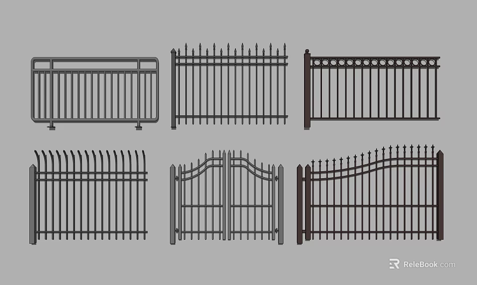 Various Metal Fence Designs With Decorative Patterns And Gate Options 3d model 