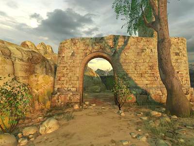 Ancient Stone Archway Surrounded By Brick Walls Tree Rocks And Natural Sunset Light 3d model