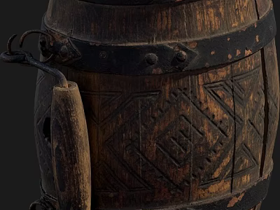Decorative Architectural Wooden Barrel With Carved Patterns Metal Hoops And Handle 3d model