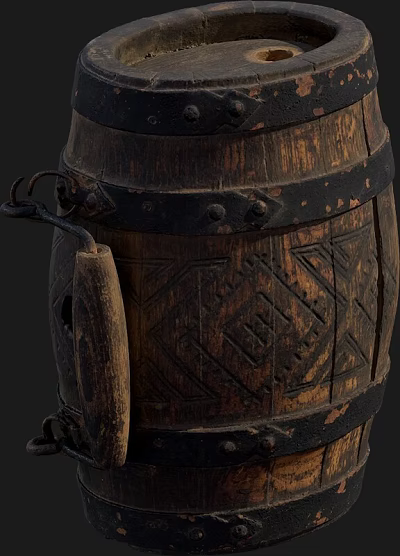 Decorative Architectural Wooden Barrel With Carved Patterns Metal Hoops And Handle 3d model