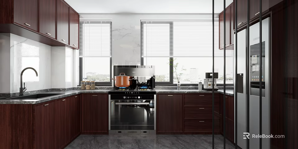 Modern Kitchen Interior With Dark Wood Cabinets Stainless Steel Appliances And Window Blinds 3d model 