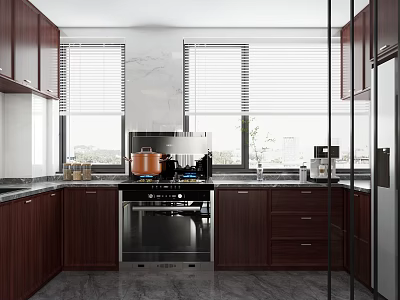 Modern Kitchen Interior With Dark Wood Cabinets Stainless Steel Appliances And Window Blinds 3d model