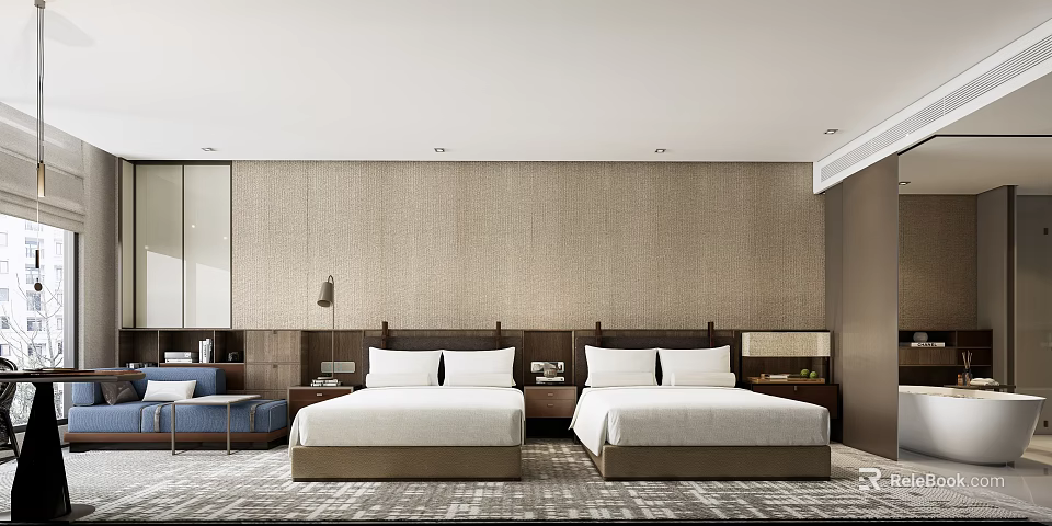 Modern Hotel Guest Room With Twin Beds Textured Fabric Wall And Wooden Nightstands 3d model 
