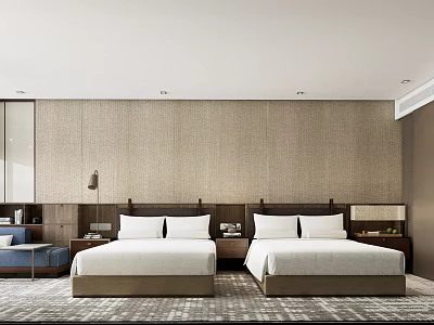 Modern Hotel Guest Room With Twin Beds Textured Fabric Wall And Wooden Nightstands 3d model