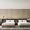 Modern Hotel Guest Room With Twin Beds Textured Fabric Wall And Wooden Nightstands