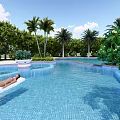 Luxury Outdoor Swimming Pool Area With Green Trees Sunshade Pavilion Lounge Chairs And Swimmers