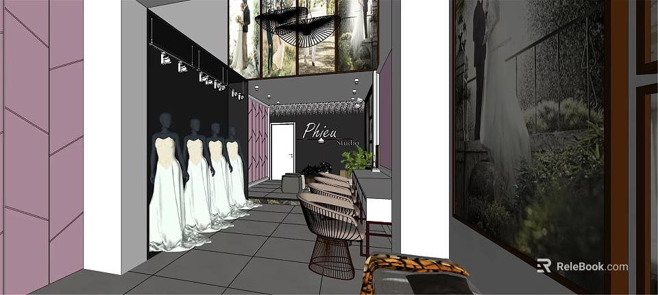 Bridal Shop Interior Design With Mannequins And Wedding Dresses Display Area 3d model 