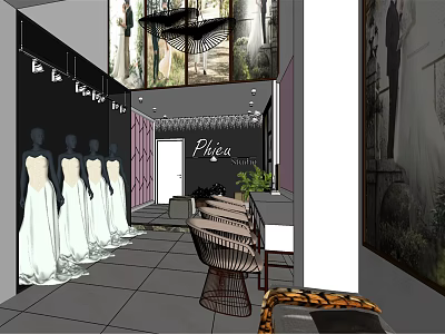 Bridal Shop Interior Design With Mannequins And Wedding Dresses Display Area 3d model