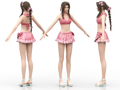 Woman In Pink Bikini Top And Skirt With Braids And Sandals Three Angles 3d model