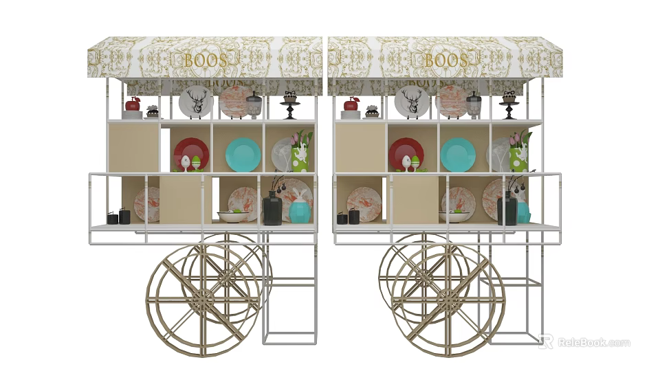 Decorative Photo Spot With BOOS Awning Shelves Wheels Plates And Vases 3d model 