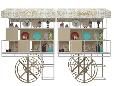 Decorative Photo Spot With BOOS Awning Shelves Wheels Plates And Vases 3d model