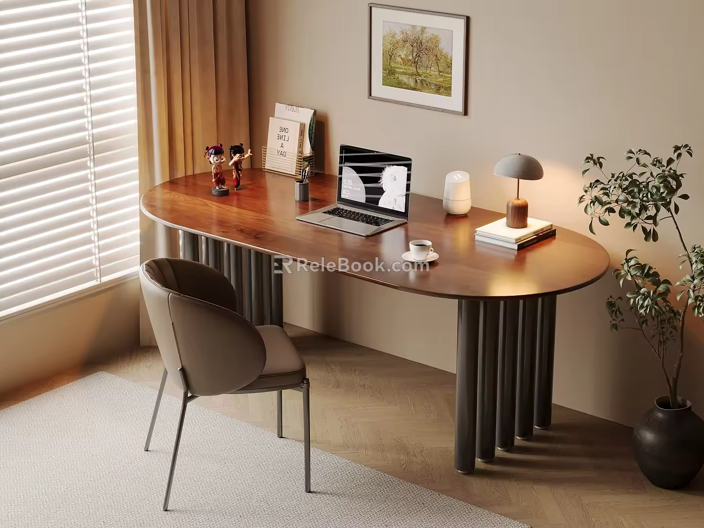 Quiet Ancient Style Desk and Chair Computer Desk and Chair Writing Desk Study Table Solid Wood Single Chair Computer Ornaments Combination Bookcase Potted Table Lamp Blinds 3d model