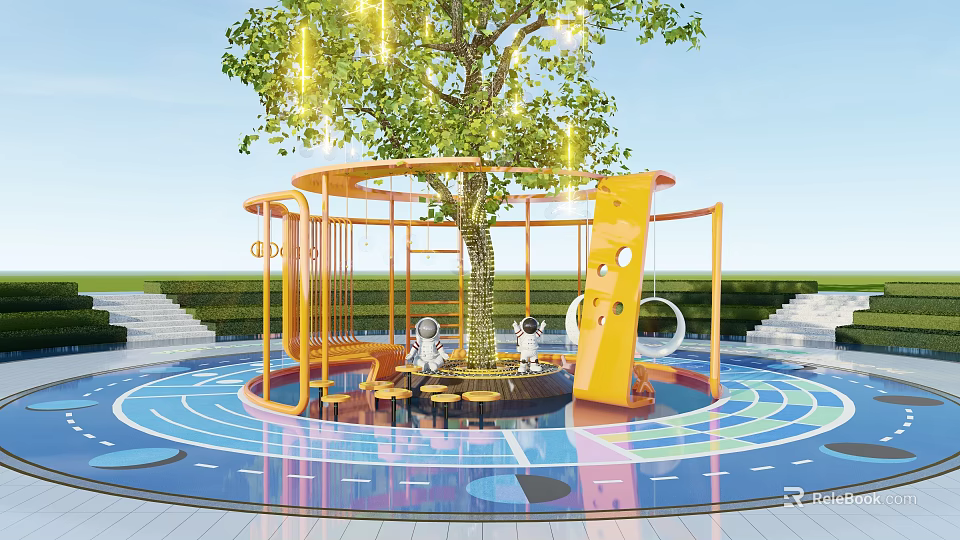 Kids Play Area With Big Tree Yellow Frame Structure Circular Design And Colorful Floor Patterns 3d model 