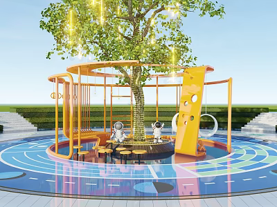 Kids Play Area With Big Tree Yellow Frame Structure Circular Design And Colorful Floor Patterns 3d model
