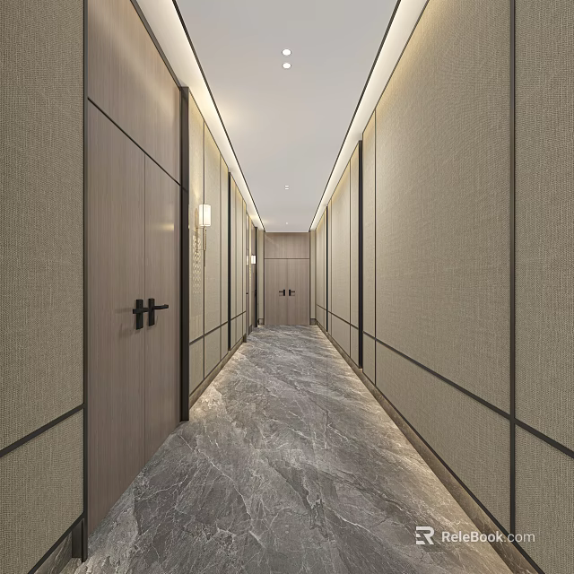 Modern Elevator Hallway With Textured Walls Marble Floor And Recessed Lighting 3d model