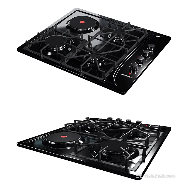 Black Gas Cooktop With Multiple Burners And Control Knobs For Modern Kitchen 3d model 