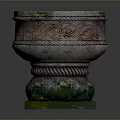 Decorative Stone Pedestal With Moss Covered Round Top Spiral Red Orange Patterns And Square Base