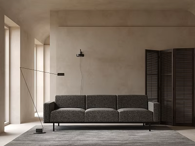Neutral Toned Three Seat Sofa With Beige Wall Floor Lamp Wooden Shutters And Area Rug 3d model