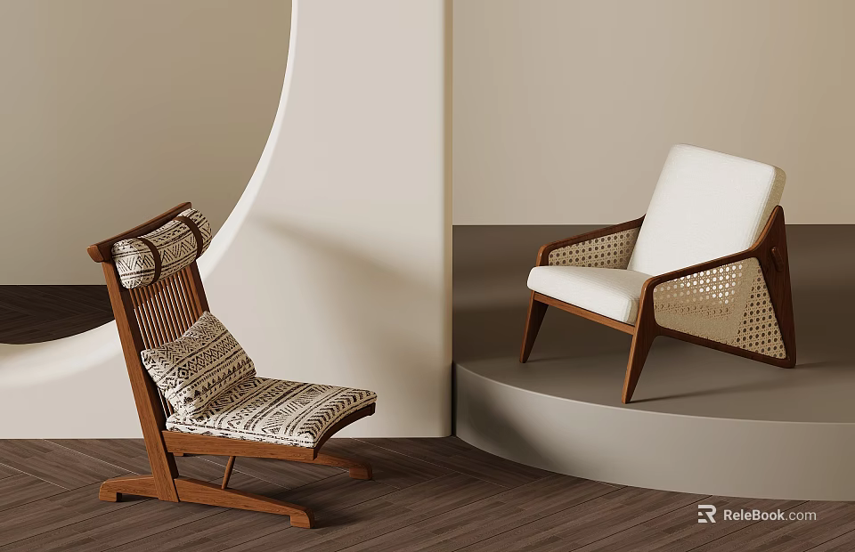 Stylish Leisure Chairs With Wooden Frame Rattan Details And Comfortable Cushions In Modern Indoor Setting 3d model 