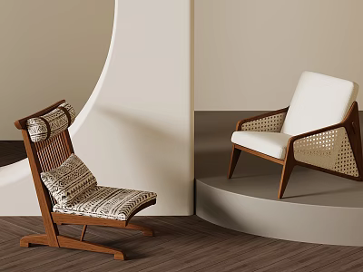 Stylish Leisure Chairs With Wooden Frame Rattan Details And Comfortable Cushions In Modern Indoor Setting 3d model