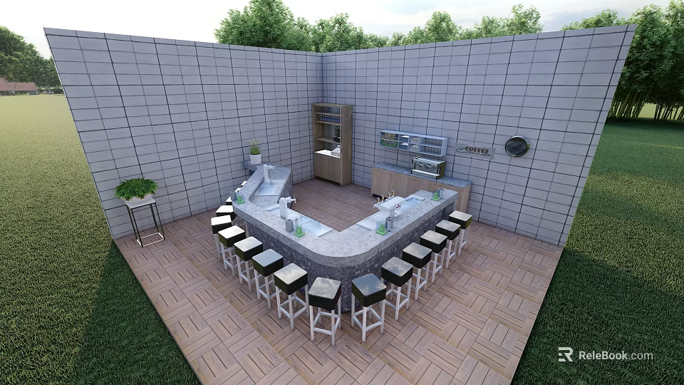 Outdoor L Shaped Bar Counter With Tiled Walls Wooden Flooring Bar Stools And Green Plants 3d model 
