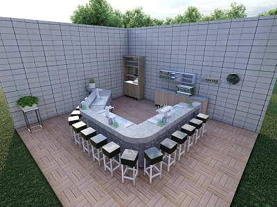 Outdoor L Shaped Bar Counter With Tiled Walls Wooden Flooring Bar Stools And Green Plants 3d model