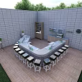 Outdoor L Shaped Bar Counter With Tiled Walls Wooden Flooring Bar Stools And Green Plants
