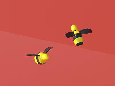 Two Cute Yellow And Black Striped Bees Flying On Red Background 3d model