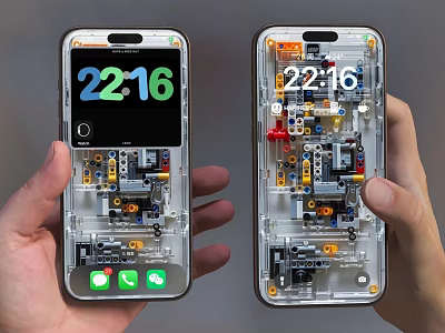 Transparent Smartphone With Visible Internal Circuit Board And Screen Displaying 2216 Time Held In Hands 3d model