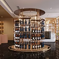 Elegant Store Front Desk With Round Gold Display Rack Wine Bottles And Marble Floor 3d model