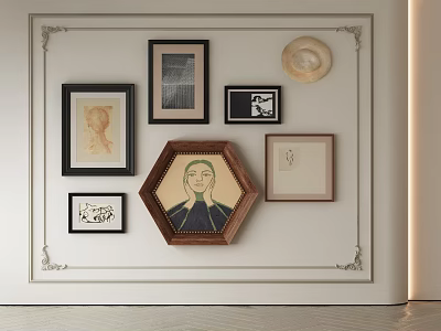 Abstract Paintings Arrangement On Decorative Wall With Hexagonal Frame And Multiple Artwork Frames 3d model