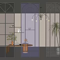 Three Modern Room Dividers With Black Frame Arch Top Glass Panels For Interior