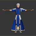 Game and Movie Character With White Hair Blue Robe Silver Armor Standing Pose Arms Outstretched