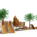 Wooden Playground Structures For Kindergarten With Trees And Slides 3d model