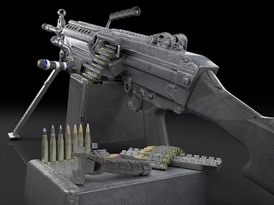 Tactical Gun Display With Ammunition Belt Bullets And Magazine On Pedestal 3d model